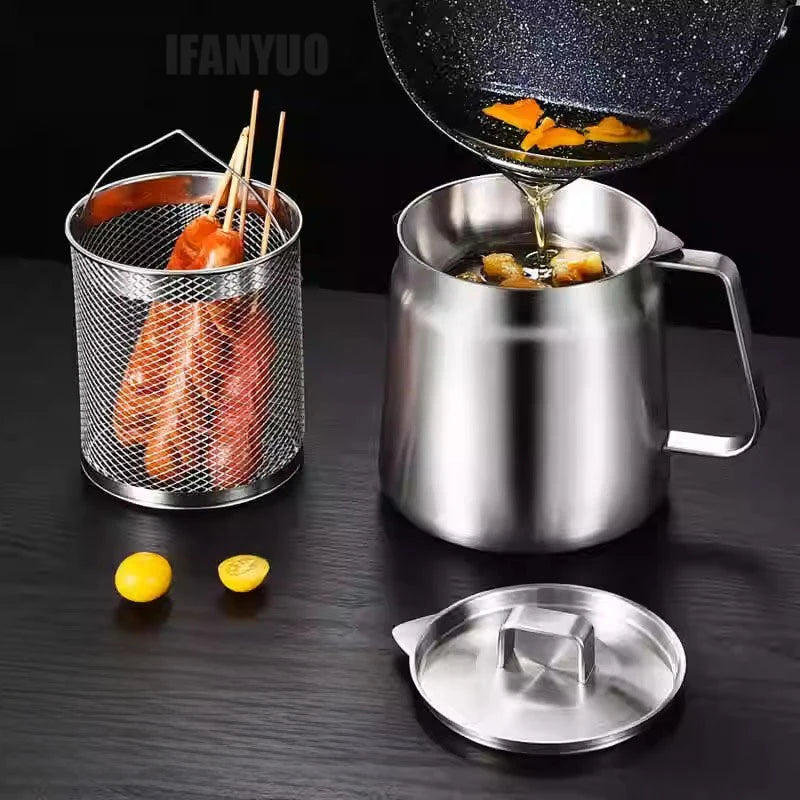 2/1.5L Oil Filter Fry Basket Oil Storage Can Pot Stainless Steel with Basket and Lid Deep Fryer Multifunctional Deep Frying Pot