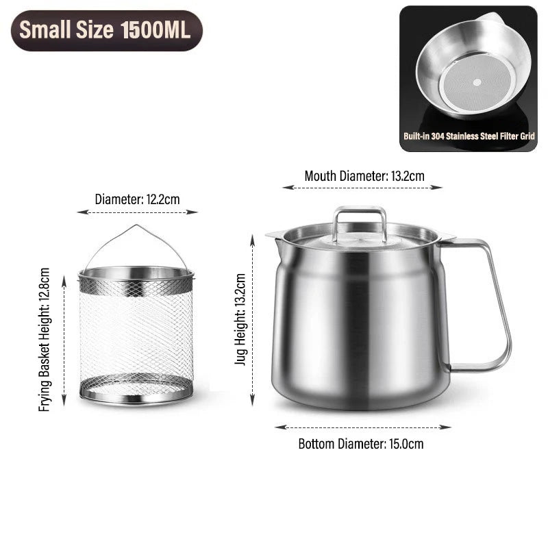 2/1.5L Oil Filter Fry Basket Oil Storage Can Pot Stainless Steel with Basket and Lid Deep Fryer Multifunctional Deep Frying Pot