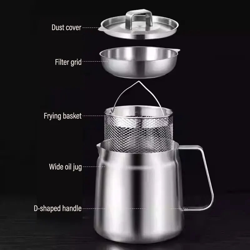 2/1.5L Oil Filter Fry Basket Oil Storage Can Pot Stainless Steel with Basket and Lid Deep Fryer Multifunctional Deep Frying Pot