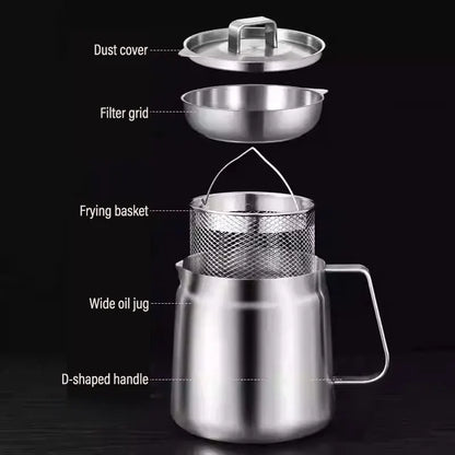 2/1.5L Oil Filter Fry Basket Oil Storage Can Pot Stainless Steel with Basket and Lid Deep Fryer Multifunctional Deep Frying Pot