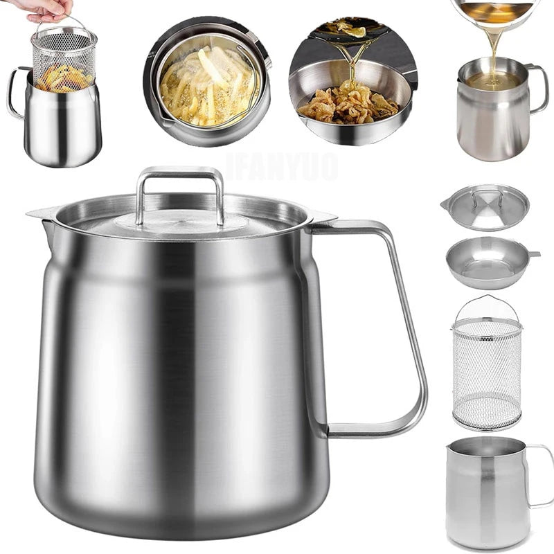 2/1.5L Oil Filter Fry Basket Oil Storage Can Pot Stainless Steel with Basket and Lid Deep Fryer Multifunctional Deep Frying Pot
