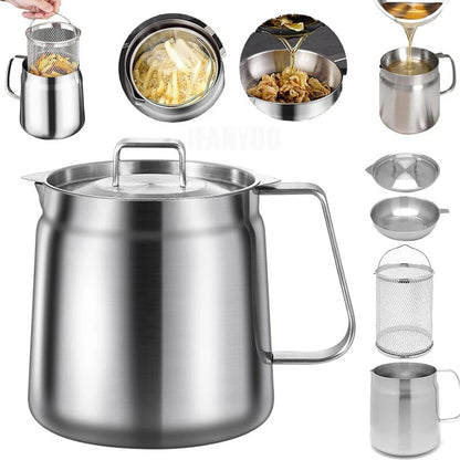 2/1.5L Oil Filter Fry Basket Oil Storage Can Pot Stainless Steel with Basket and Lid Deep Fryer Multifunctional Deep Frying Pot