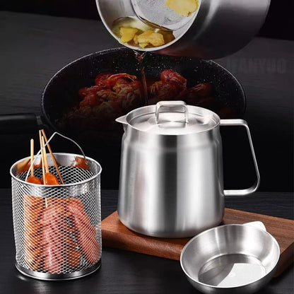2/1.5L Oil Filter Fry Basket Oil Storage Can Pot Stainless Steel with Basket and Lid Deep Fryer Multifunctional Deep Frying Pot