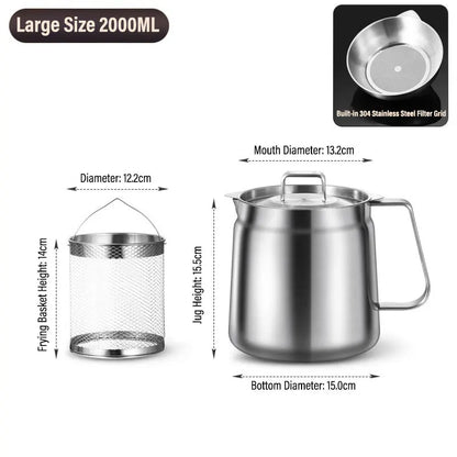 2/1.5L Oil Filter Fry Basket Oil Storage Can Pot Stainless Steel with Basket and Lid Deep Fryer Multifunctional Deep Frying Pot